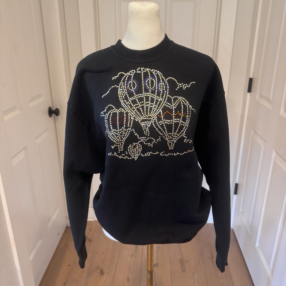 VTG Jerzees Hot Air Balloons Black Bejeweled Bling Sweatshirt Sz‎ M Made In USA